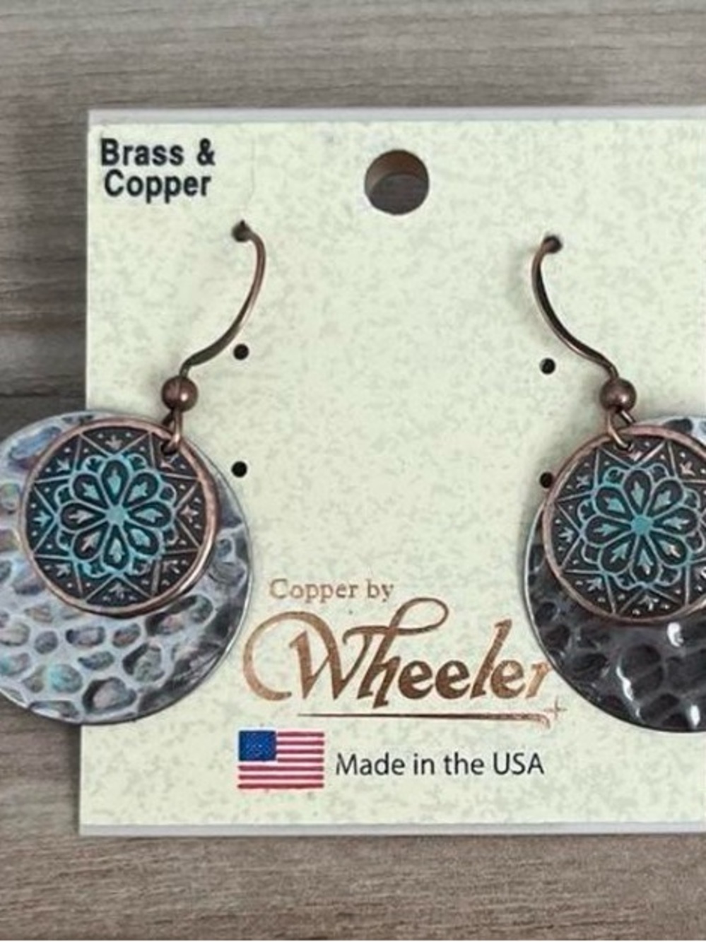 Copper & Brass Teal Floral Hammered Disc Earrings By Wheeler Made in USA New